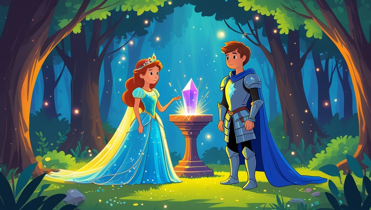 Princess and knight in a magical forest, gazing at a glowing crystal surrounded by twinkling lights and greenery.