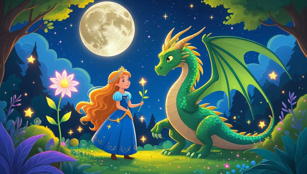 Princess in a sparkling gown faces a magical mirror, with a wizard and an enchanted castle in the background.