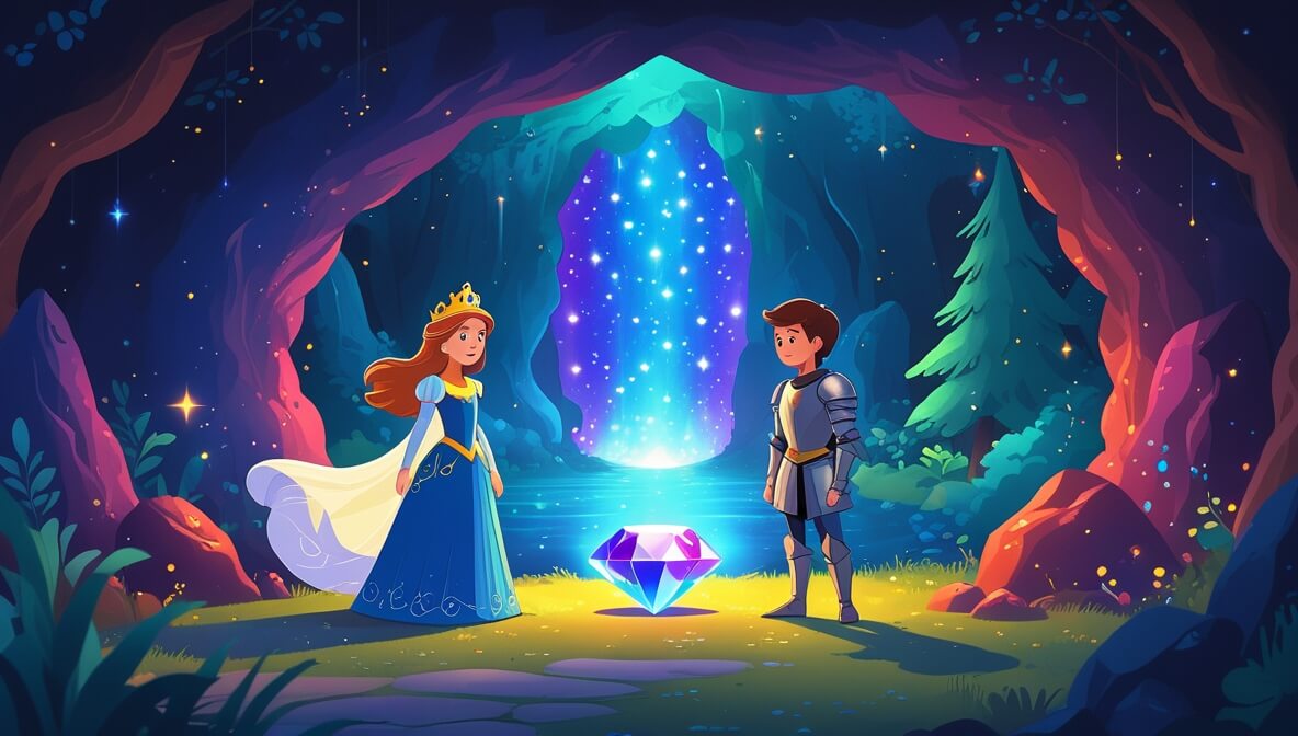 Princess and knight in a glowing cave with a large gem, colorful walls, and a lush kingdom entrance outside.