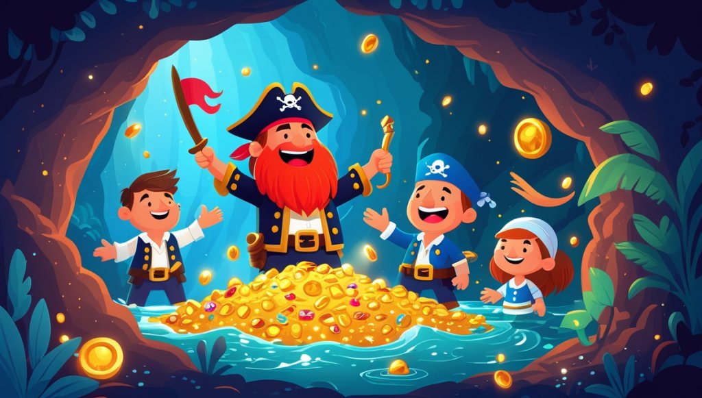 Pirate captain with red beard and crew celebrating in a cave filled with sparkling gold and jewels.