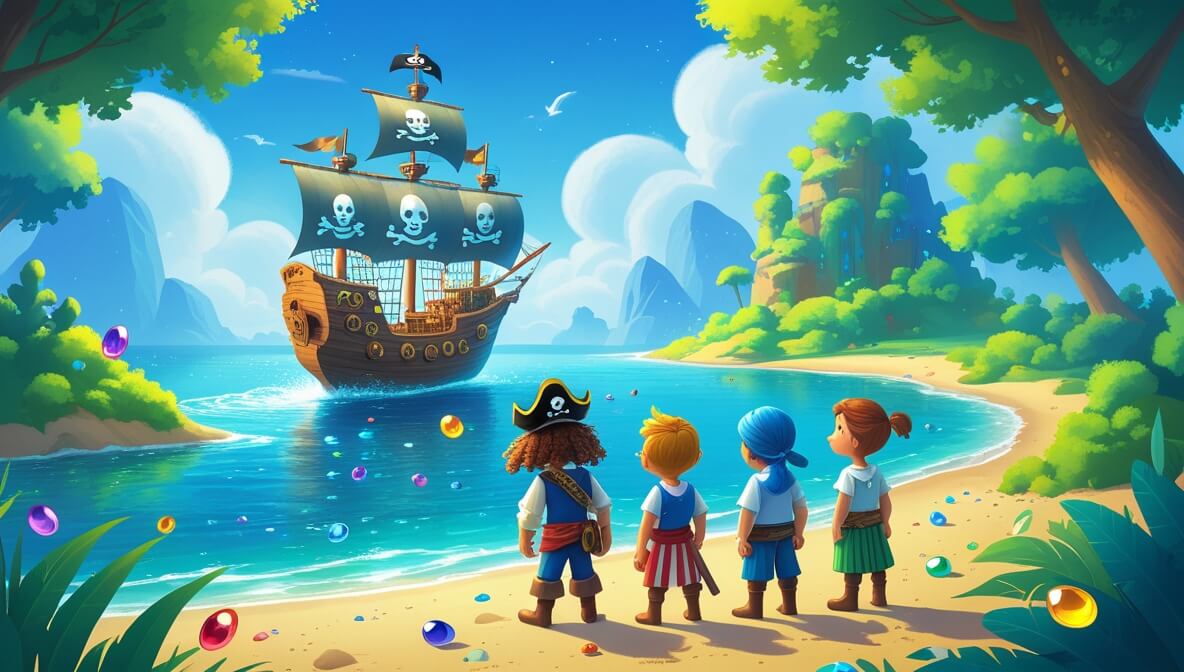 Pirate crew on a sandy shore by a shimmering lagoon, surrounded by lush green trees and colorful jewels.