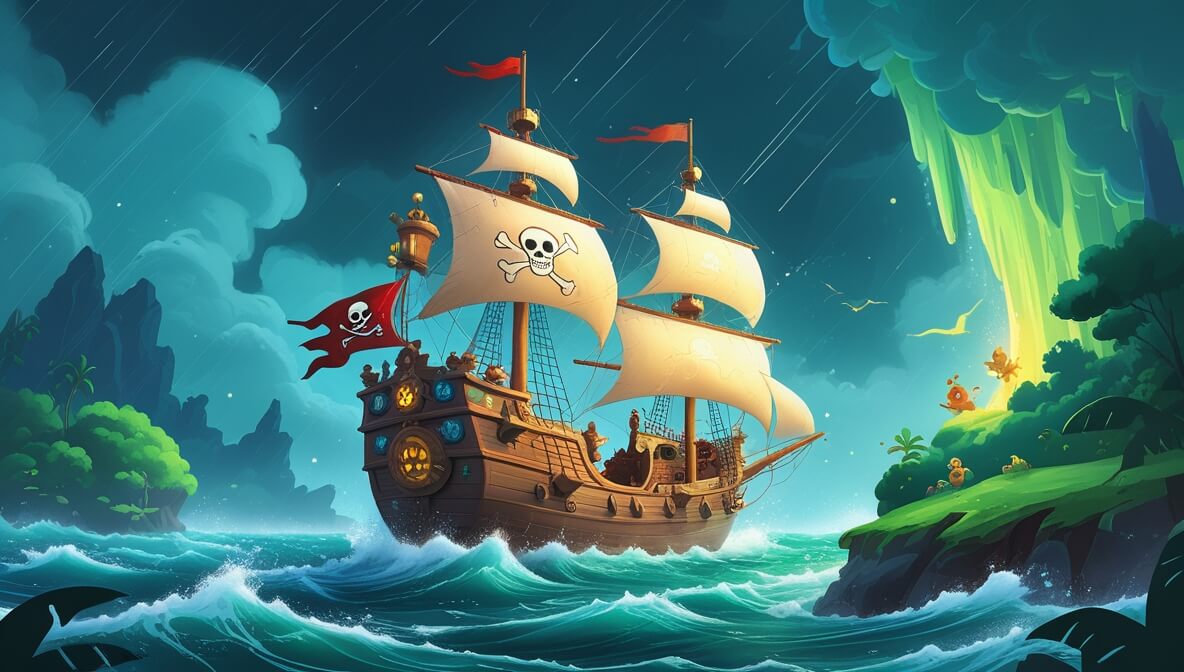 Pirate ship in a storm, crew on deck, misty island with lush greenery and glowing cave ahead.