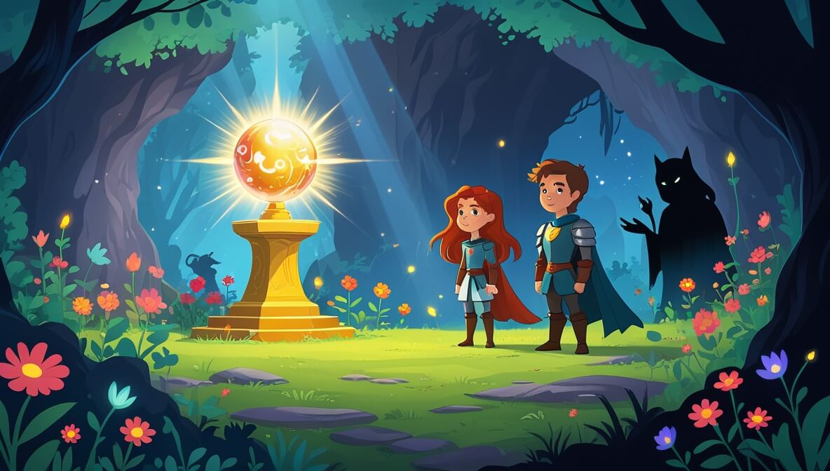 Princess Emberly and Sir Rowan face a glowing orb in a mystical forest cave.