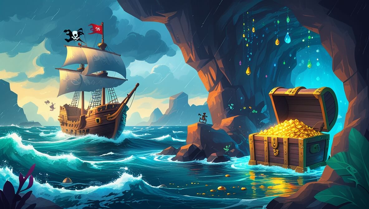 Pirate ship in stormy seas, crew clinging to ropes, hidden cave with treasure chest reflecting colorful lights.