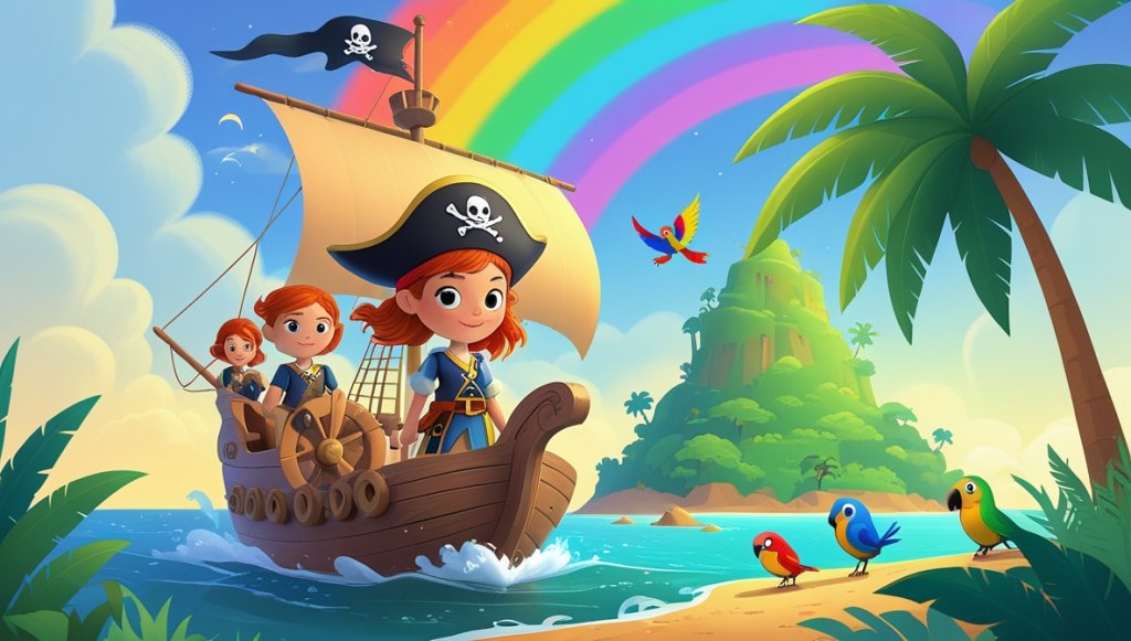 Young pirate captain with auburn hair steering a ship towards a rainbow-lit island, with a parrot on a palm tree nearby.