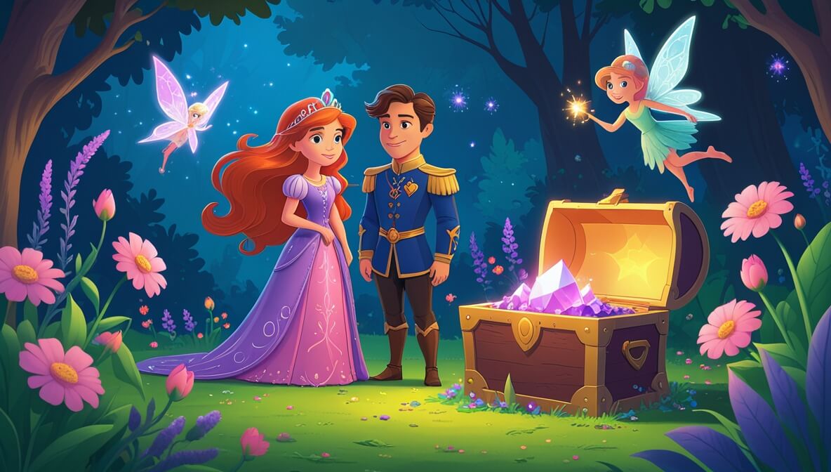 Princess with auburn hair and knight in flower garden, open chest with crystal, fairy hovering nearby.