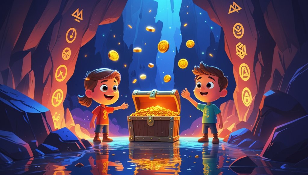 Pirate captain and crew in a glowing cave, surrounded by treasure, ancient symbols on walls illuminating the scene.