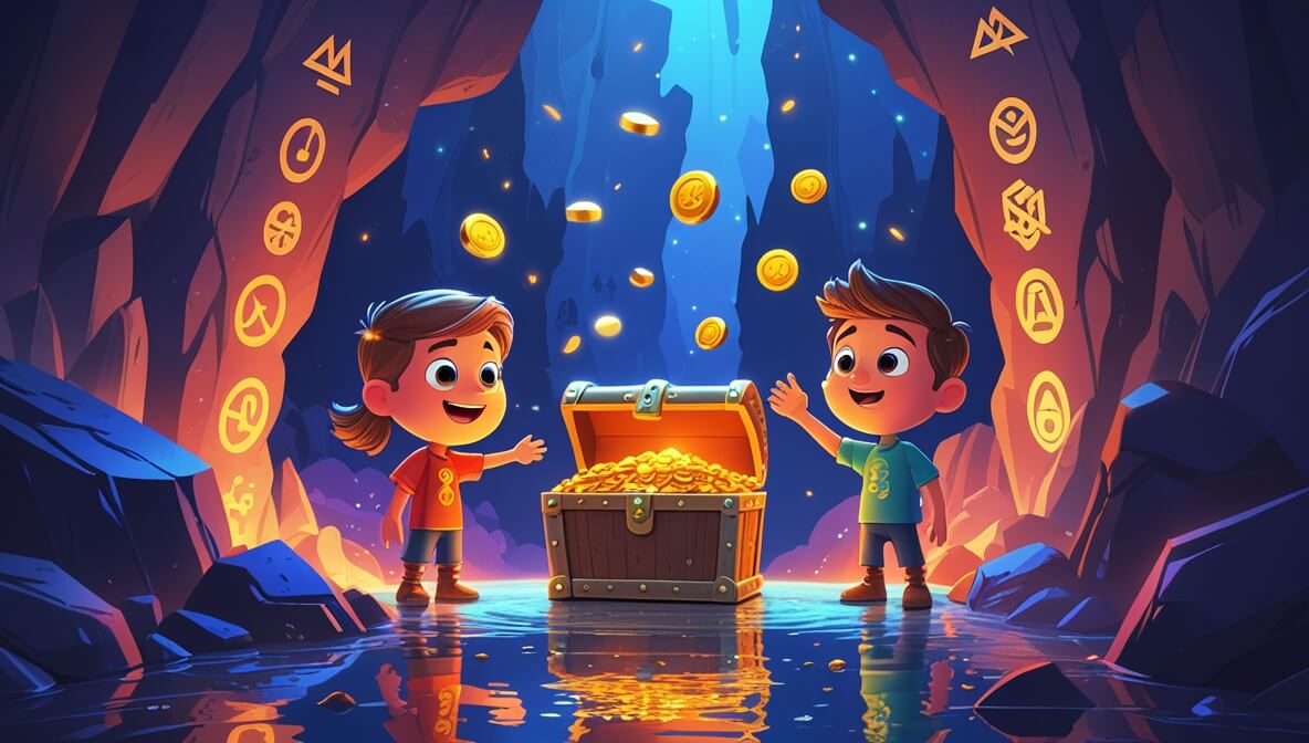 Pirate captain and crew in a glowing cave, surrounded by treasure, ancient symbols on walls illuminating the scene.