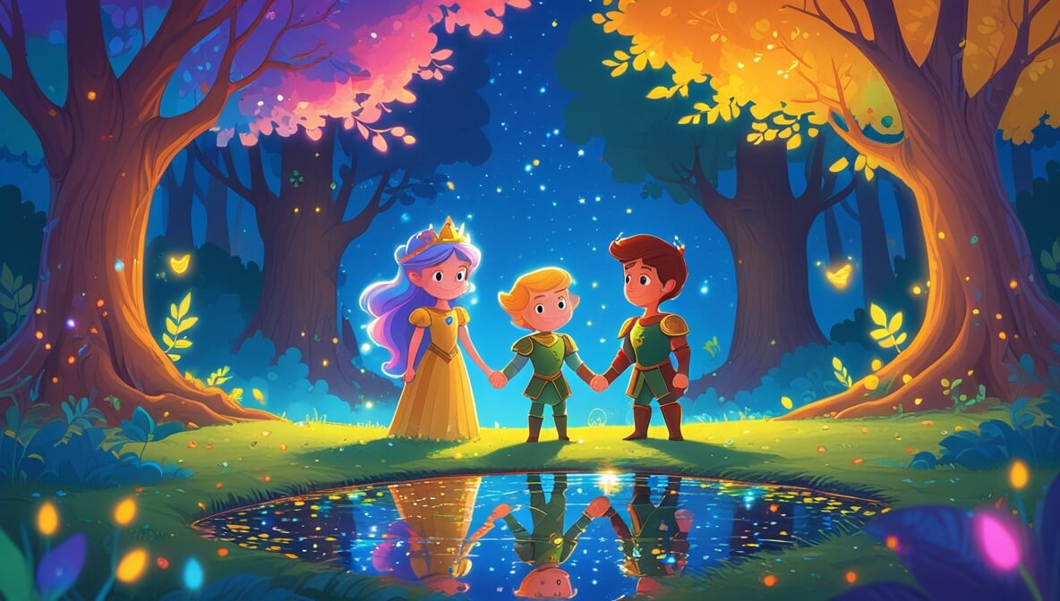Princess, knight, and fairy by a glittering pond in a moonlit grove, with golden leaves and swirling vibrant colors.