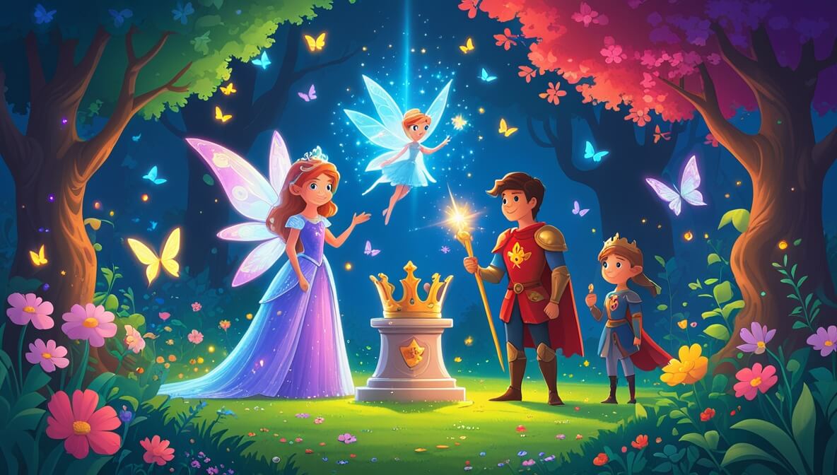 Fairy Glimmer with princess and knight in a blooming secret garden, glowing crown on a pedestal.