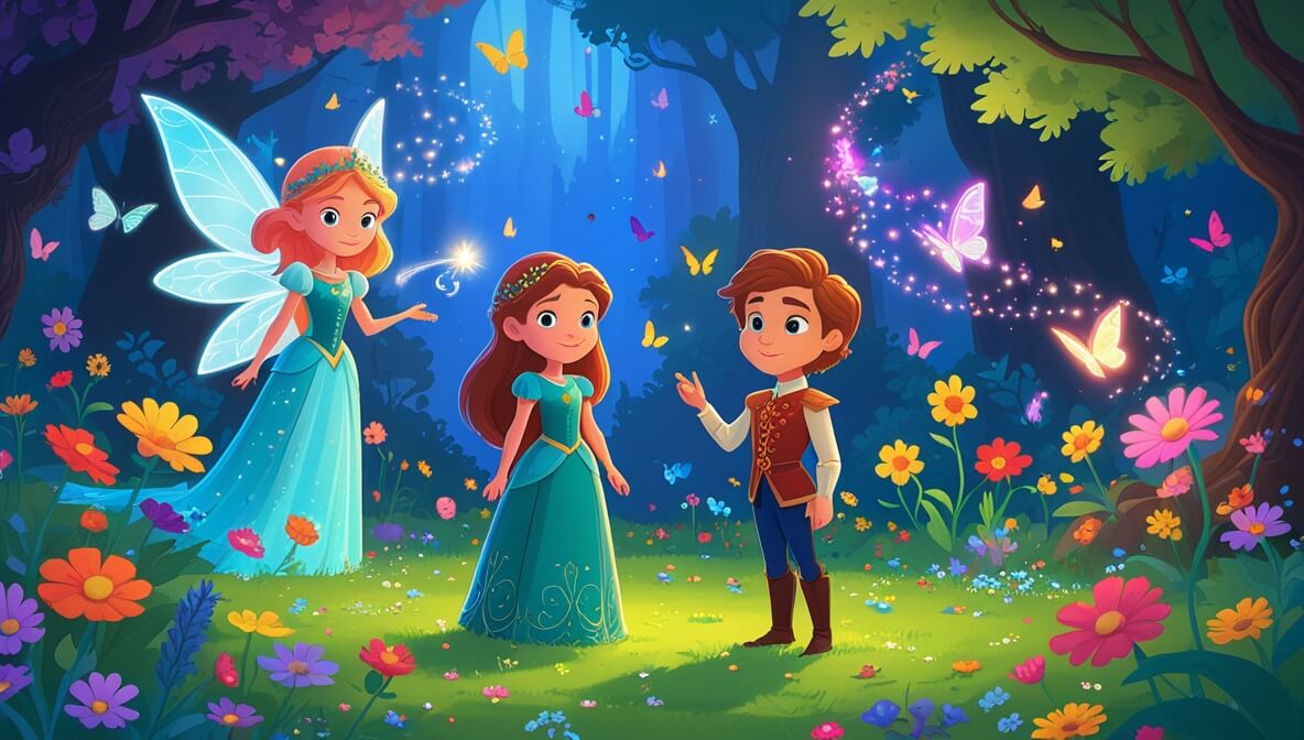 Princess and knight in a magical garden with colorful flowers, butterflies, and a fairy casting a shimmering spell.