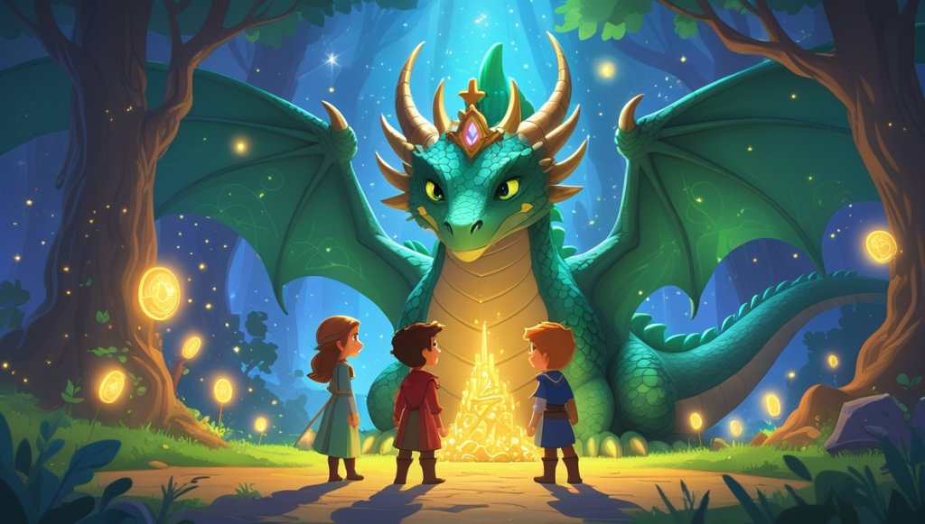 Princess and knight facing a green dragon; golden crown glows, surrounded by shimmering stardust in magical tower.