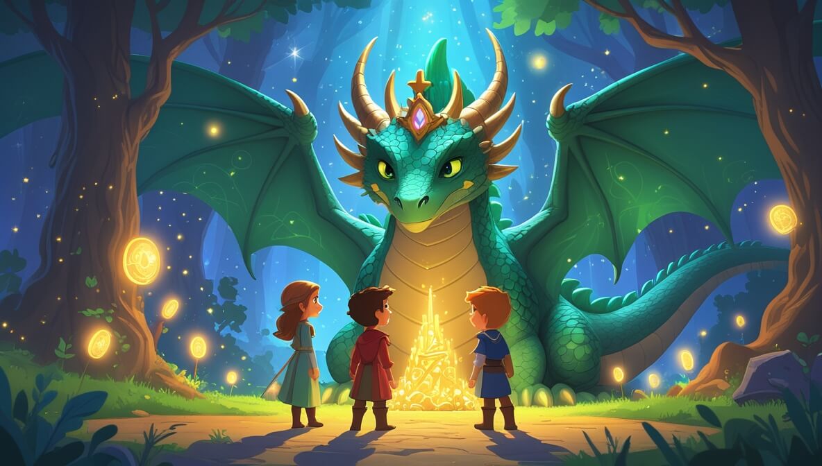 Princess and knight facing a green dragon; golden crown glows, surrounded by shimmering stardust in magical tower.