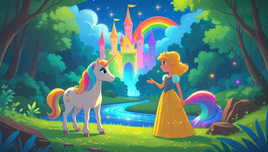 Princess Marigold and unicorn Nimbus admire the vibrant Rainbow Castle in a lush forest by a sparkling river.