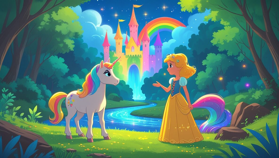 Princess Marigold and unicorn Nimbus admire the vibrant Rainbow Castle in a lush forest by a sparkling river.