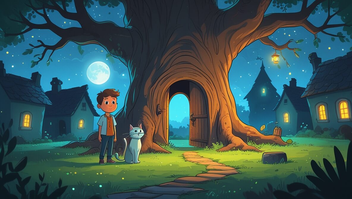 Boy and wise cat under moonlit oak tree, secret door reveals glowing tunnel in village.