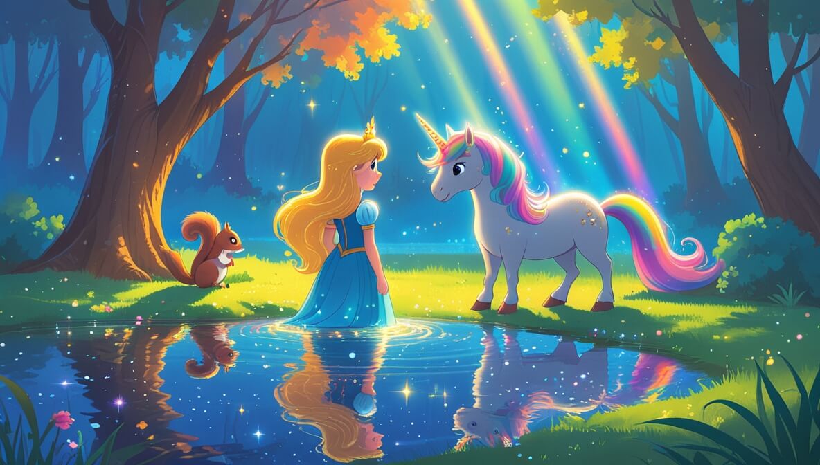 Golden-haired princess and talking squirrel by a shimmering lake, watching a unicorn with a rainbow mane.