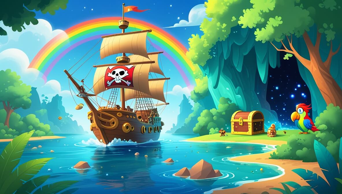 Pirate ship sails towards a lagoon with a rainbow, lush trees, and a cave hiding a treasure chest.