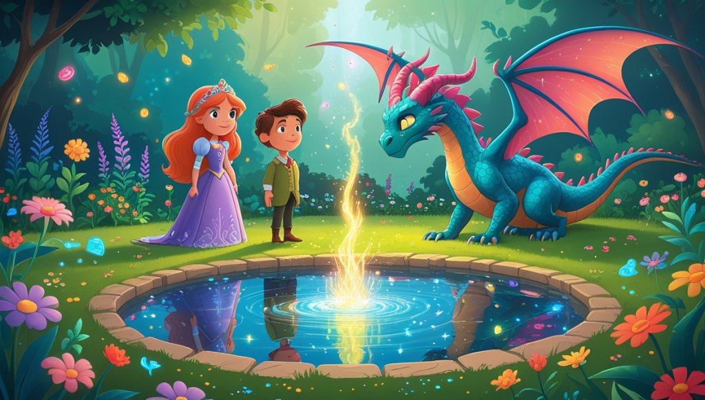 Princess Elowen, Sir Finian, and Talon the dragon in a vibrant garden, with magical light transforming Talon.