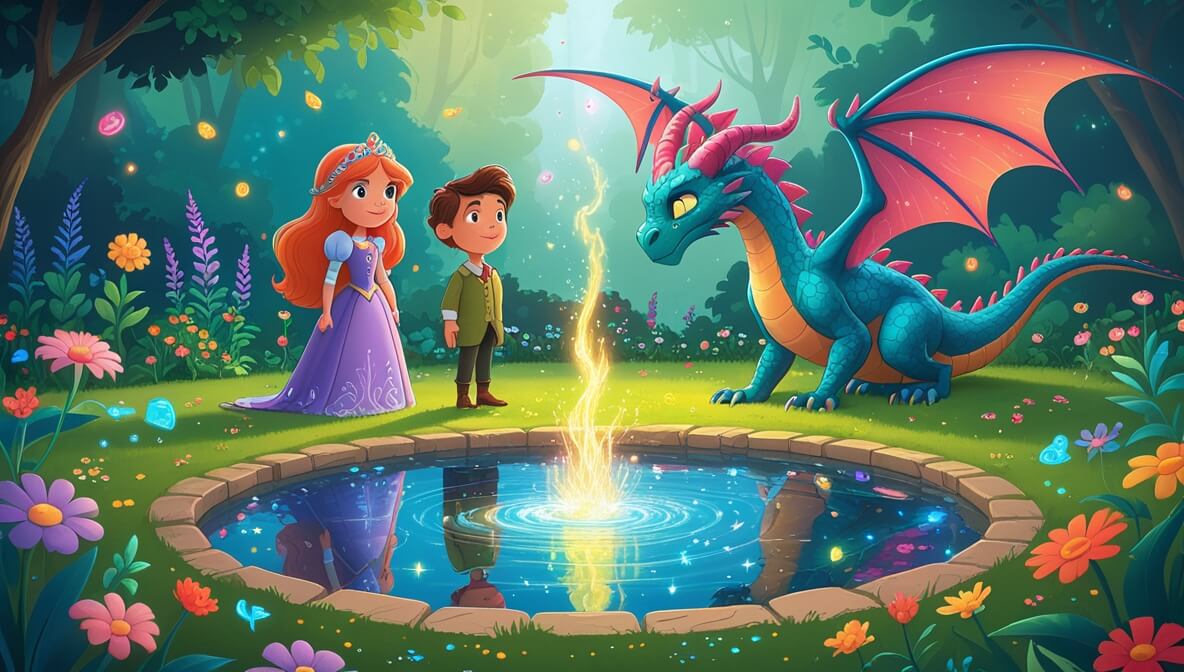 Princess Elowen, Sir Finian, and Talon the dragon in a vibrant garden, with magical light transforming Talon.