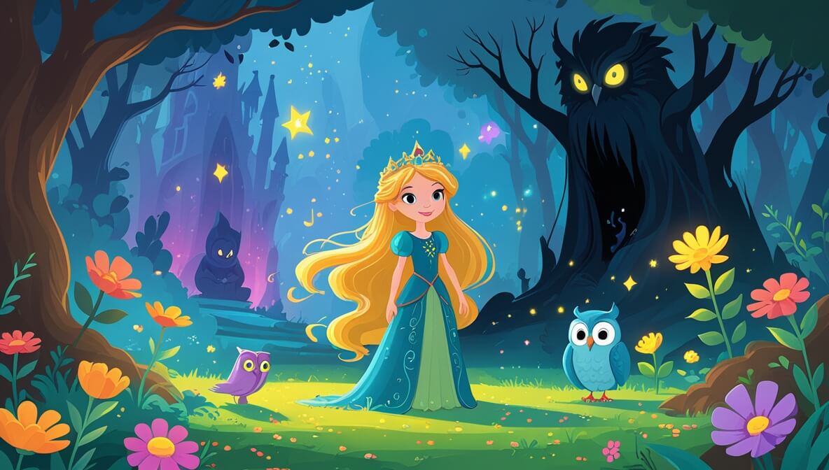 Princess with golden hair in a magical realm, accompanied by a glowing owl, near a shadowy lair.