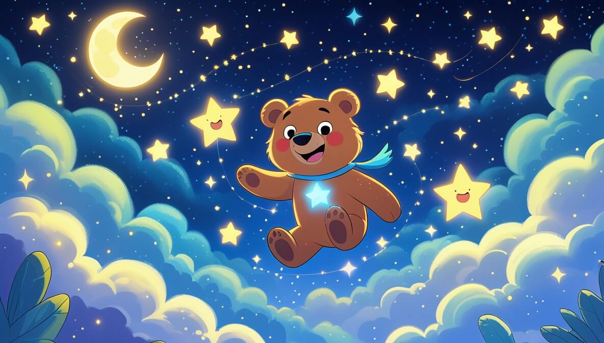 Benji the Bear floats joyfully in a starry night sky with Sparkle the Star, surrounded by glowing stars and a moon.