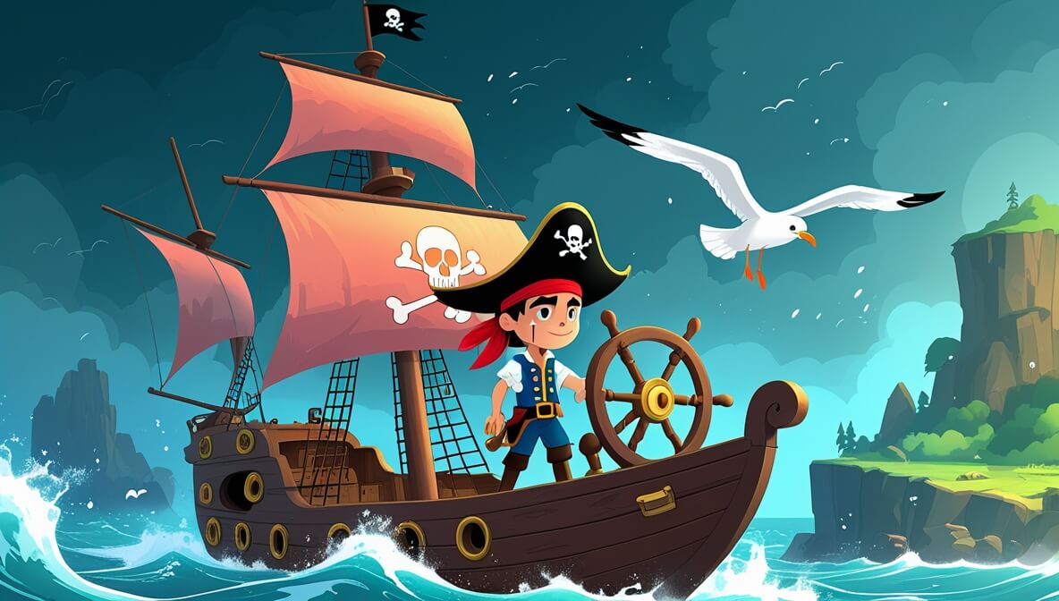 Young pirate captain and first mate steering a ship through a storm, guided by a seagull towards a misty island cave.