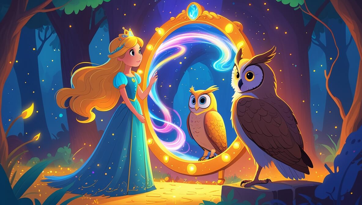 Brave princess and wise owl by a glowing mirror, colorful lights swirl in a golden-lit tower chamber.