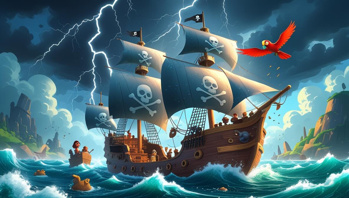 Pirate ship battling stormy seas; Captain Finn, diverse crew, and parrot Rusty amidst crashing waves and lightning.