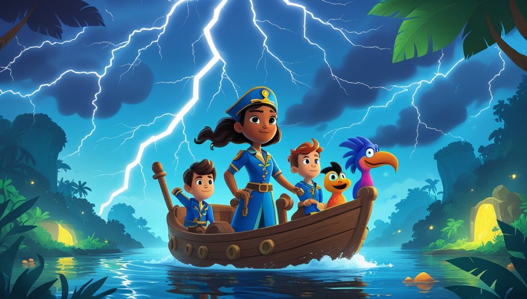 Captain Mira on Sea Dragon ship amid lightning, crew bracing storm, lush jungle, misty lagoon, shimmering cave nearby.