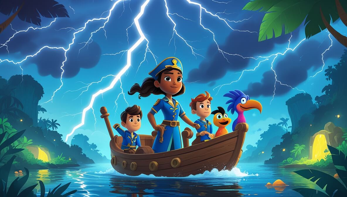 Captain Mira on Sea Dragon ship amid lightning, crew bracing storm, lush jungle, misty lagoon, shimmering cave nearby.