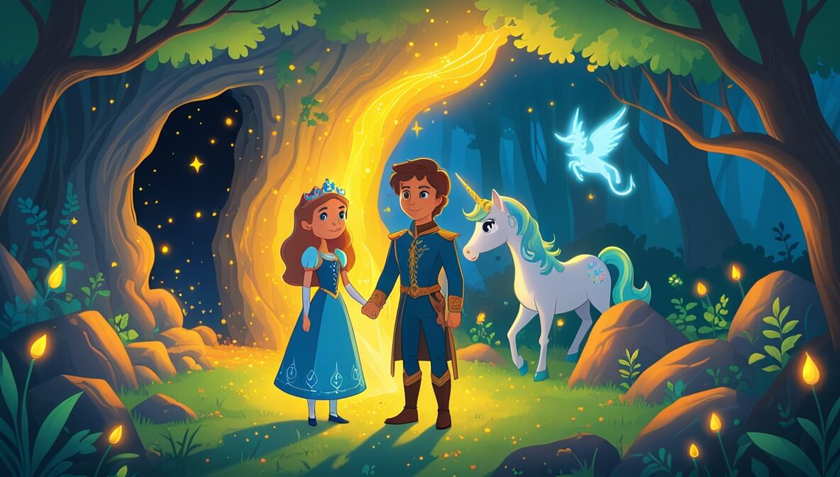 Princess Lindara and Prince Aric glowing in a magical forest, watched by Flora the Unicorn near a hidden cave.