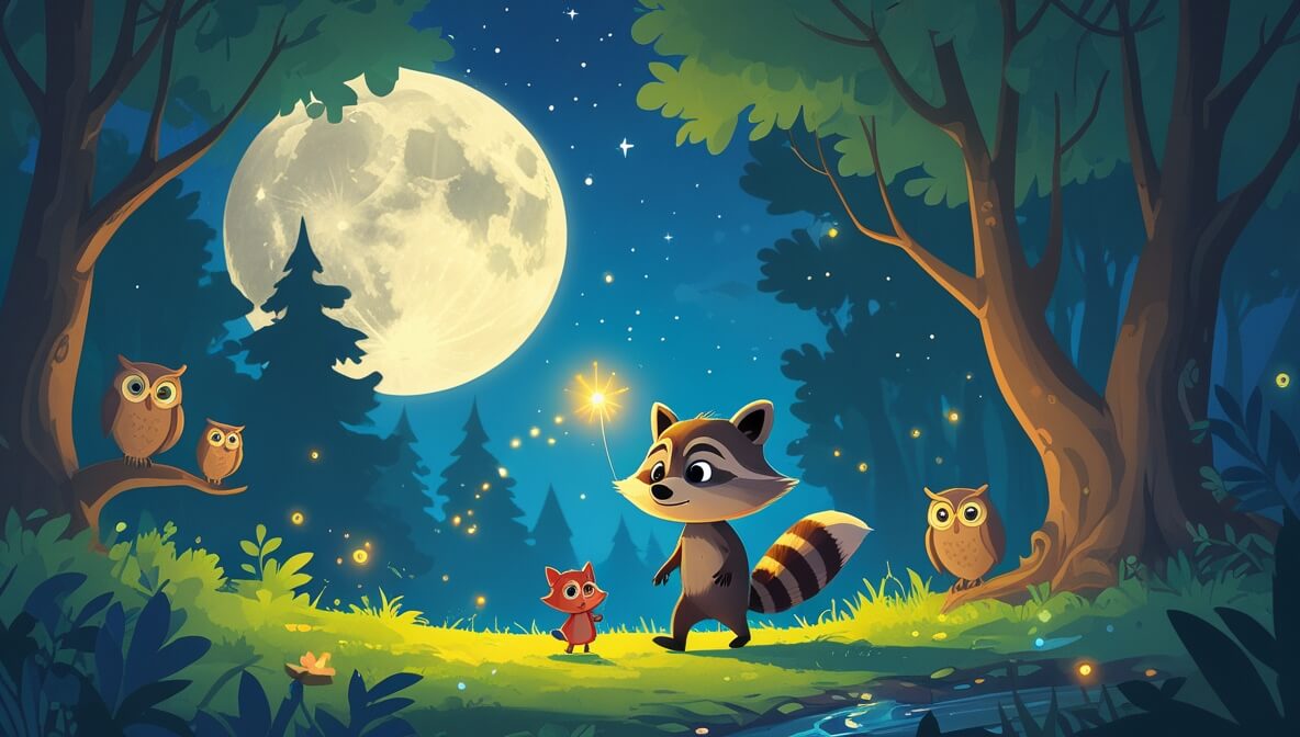 Curious raccoon and glowing firefly wander under moonlight in a lively forest with sparkling streams and owls.