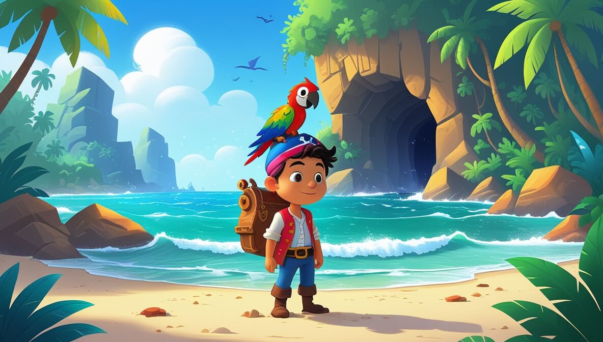 Young pirate with parrot on sandy beach, dense jungle, mysterious cave, ocean waves, bright blue sky.