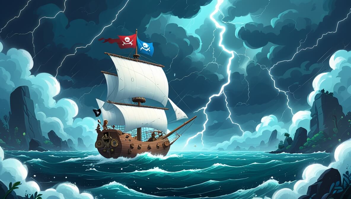 Pirate ship with white sails in a stormy sea; lightning, dark clouds, brave crew battling tempest.