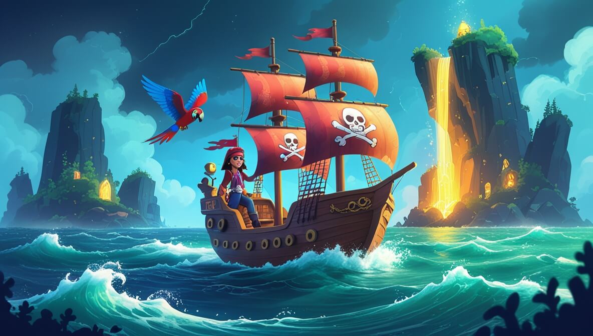 Pirate ship in stormy sea, Captain Selene steering, parrot nearby, island with waterfall and glowing cave ahead