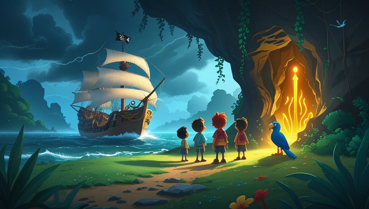 Pirate ship sails stormy seas, crew discovers glowing Golden Trident in a vine-covered cave.