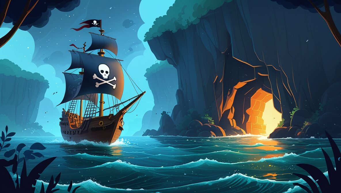 Pirate ship braving stormy seas, Captain Hugo steering, heads toward a glowing cave hinting at hidden treasures.