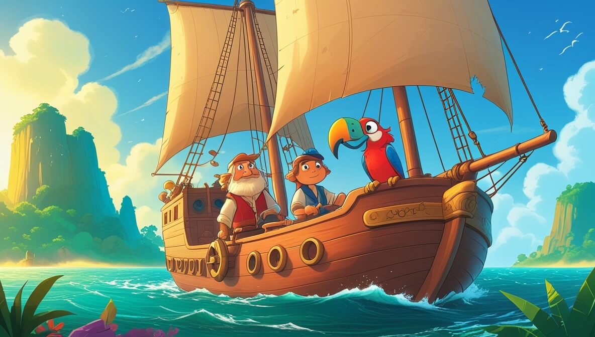 Captain Marlow and crew sail the Sea Hawk toward a green island under a clear blue sky at sunrise.