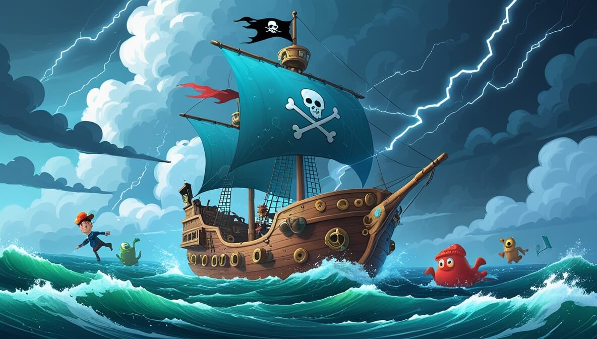 Pirate Captain Jasper at helm with First Mate Luna and colorful parrot Corky, battling stormy seas on the Sea Serpent.