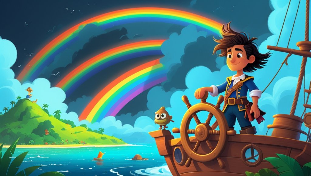 Young pirate captain at ship's helm, diverse crew, vibrant rainbow over lush island, storm clouds receding.