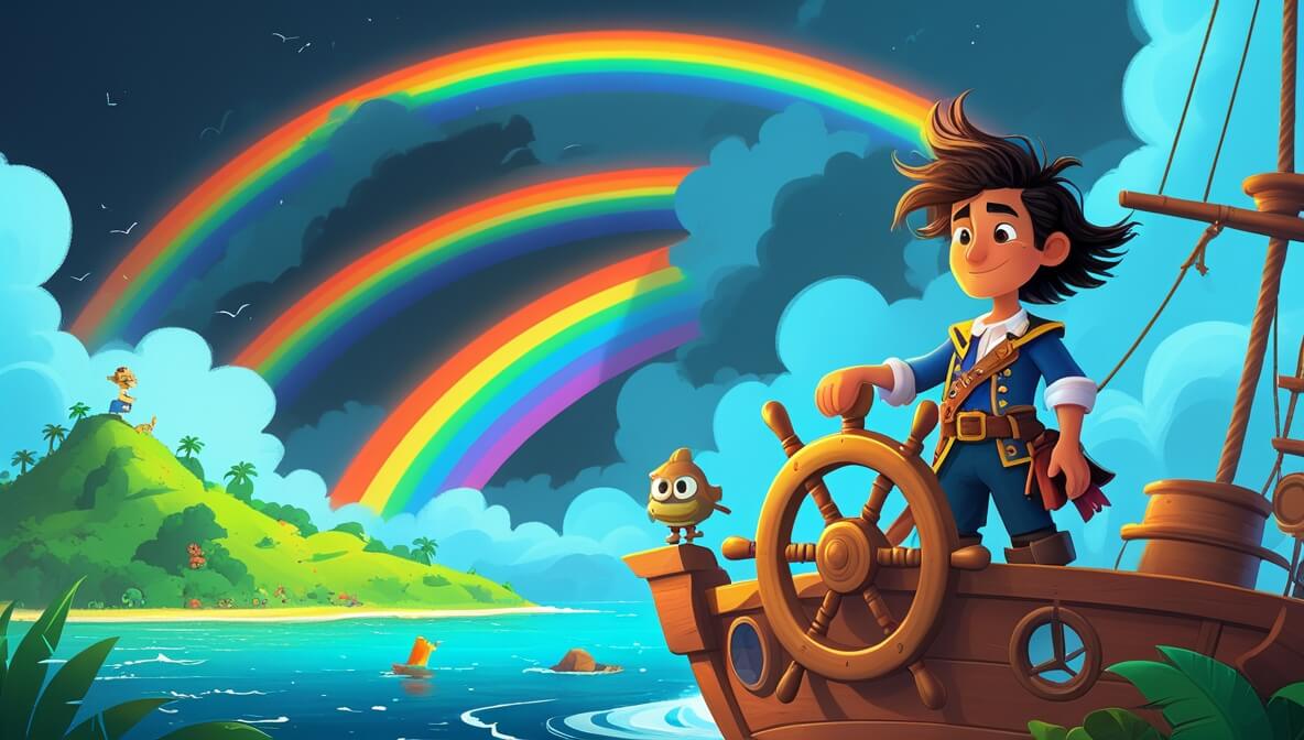 Young pirate captain at ship's helm, diverse crew, vibrant rainbow over lush island, storm clouds receding.