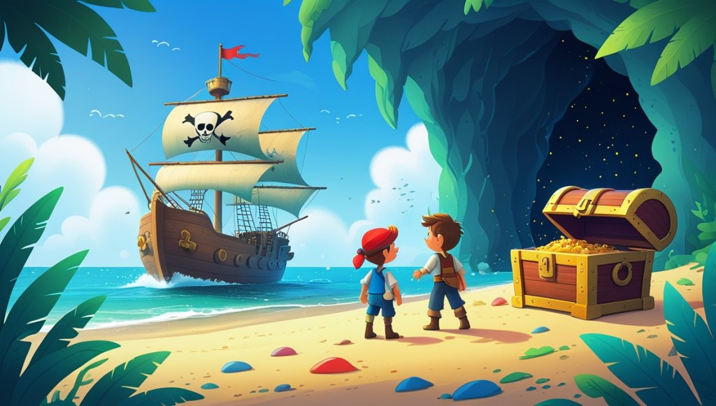 Pirate ship under clear sky, crew approaches sandy shore with a dark cave hiding a colorful treasure chest.