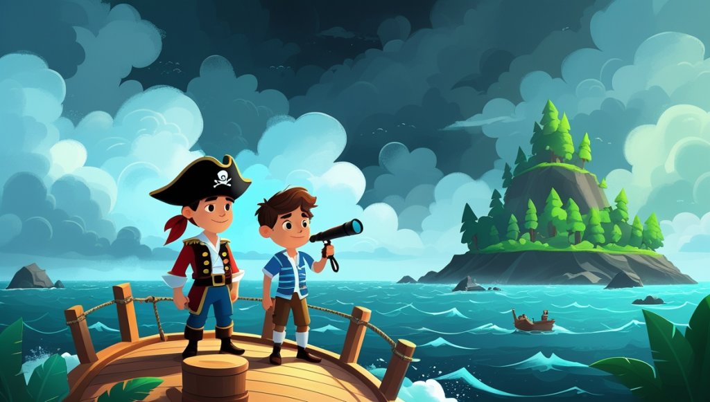Pirate captain and sailor on Sea Serpent deck, stormy sea, dark clouds, mysterious island in the distance.