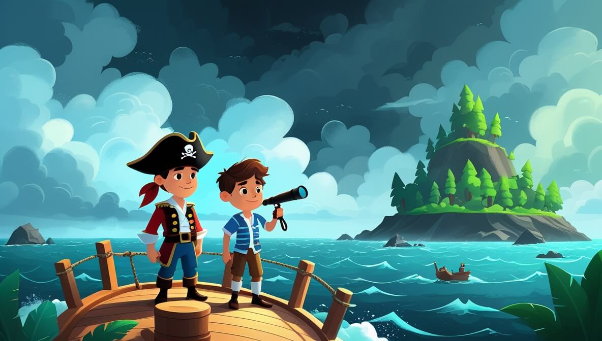 Pirate captain and sailor on Sea Serpent deck, stormy sea, dark clouds, mysterious island in the distance.