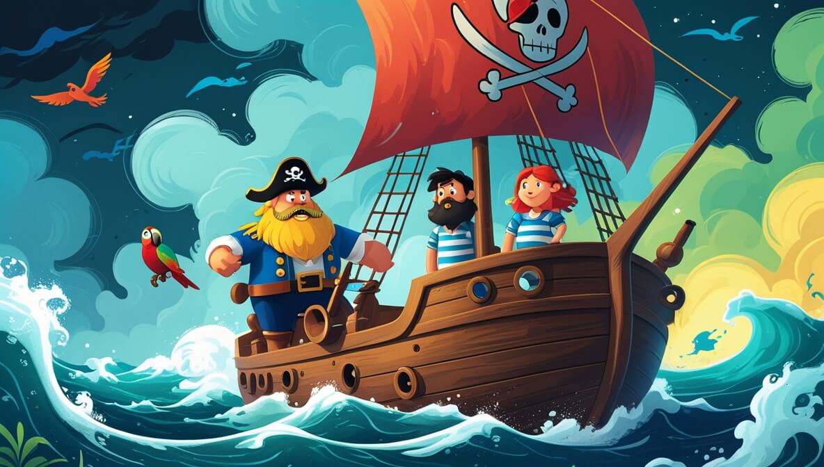 Pirate ship in stormy seas, Captain Brindlebeard at helm, First Mate Jolly beside him, parrot on mast.
