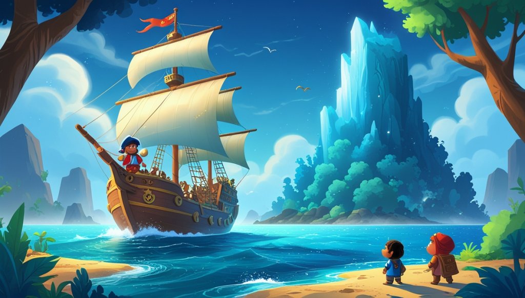 Majestic ship on blue ocean, brave crew on deck, misty island with dark cave entrance ahead.