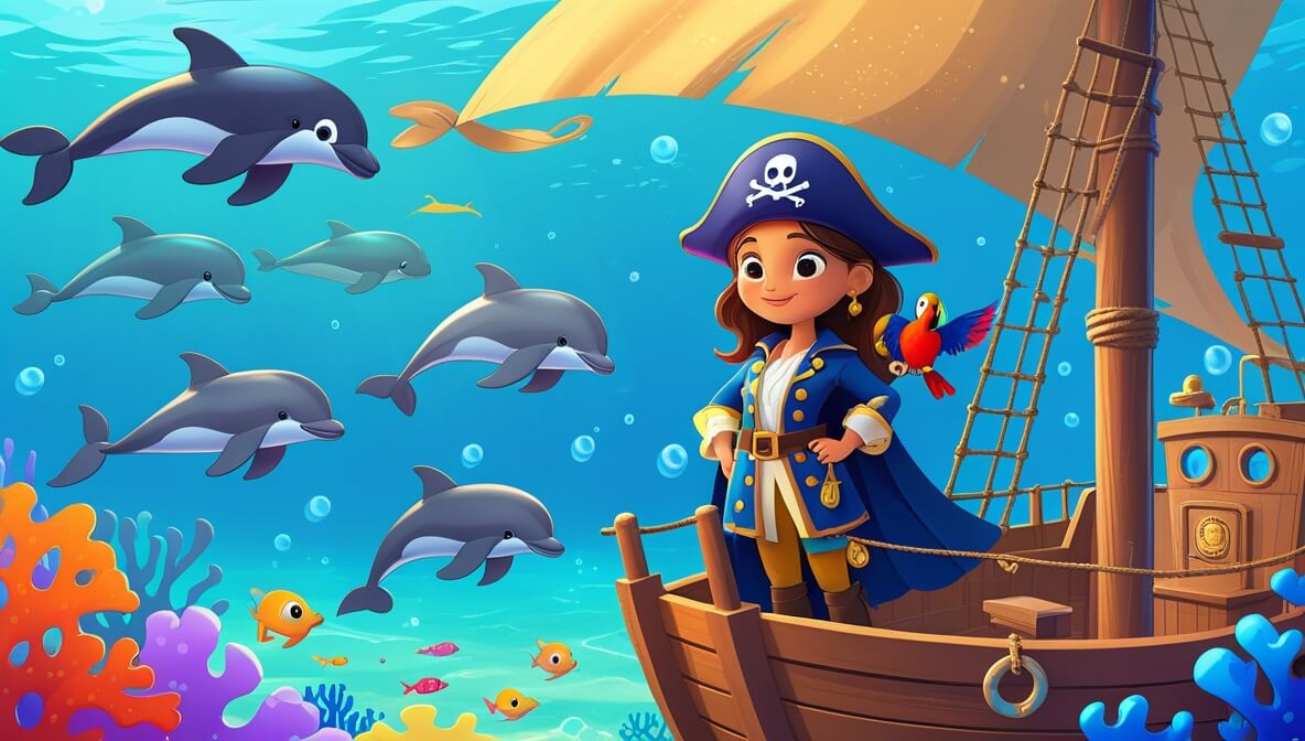 Pirate captain with parrot on ship deck, dolphins leaping in lagoon, vibrant coral reefs below.