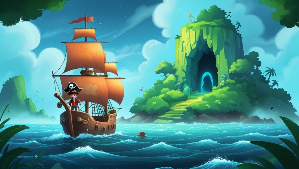 Pirate ship approaching misty island, Captain Coral steering, Luna pointing, storm clearing, revealing lush cave.