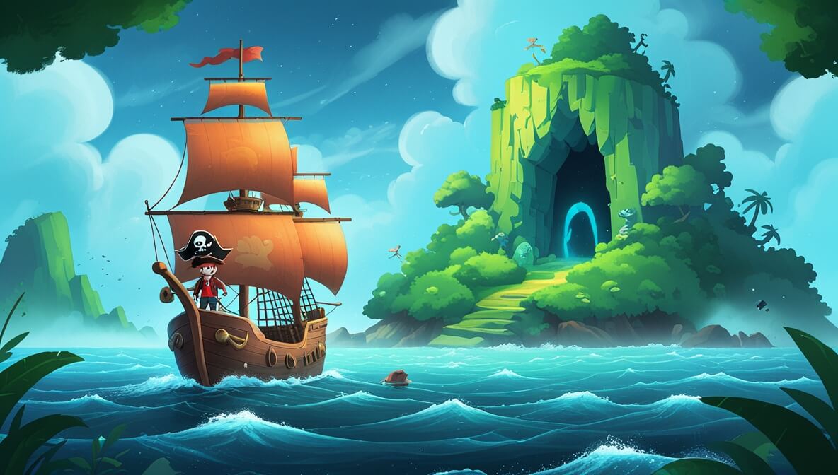 Pirate ship approaching misty island, Captain Coral steering, Luna pointing, storm clearing, revealing lush cave.
